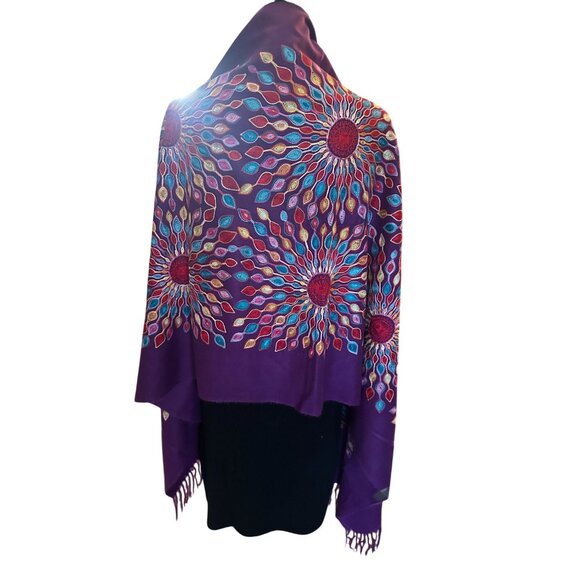 Shawl Floral Embroidered Wrap Scarf Womens Fringe Soft Oversized Purple - Picture 4 of 16